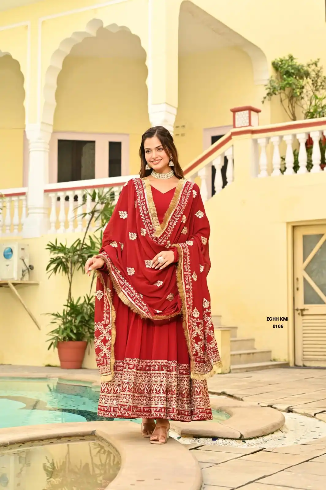 Premium Embroidered Flared Anarkali Suit Set with Dupatta – Red & Gold